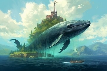 A blend of a massive blue whale and a picturesque island in the vast ocean. Generative AI - obrazy, fototapety, plakaty