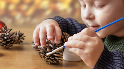 A child makes decorations for Christmas. Christmas decor made from natural materials. Christmas decorations made from pine cones. Children's creativity