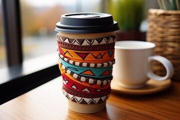 A mockup of a coffee cup sleeve with trendy patterns against a wooden table