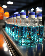 Process of producing cosmetics. Many glass bottles with yellow blue liquid standing near conveyor on factory. Row line of glass bottles on factory. Innovation and creation concept. Producing new