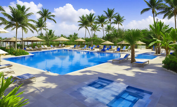 A photo sun loungers near palms and swimming pool in sunny day.