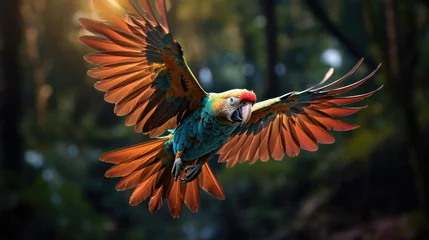 Zelfklevend Fotobehang Flying parrot in the wild © Veniamin Kraskov