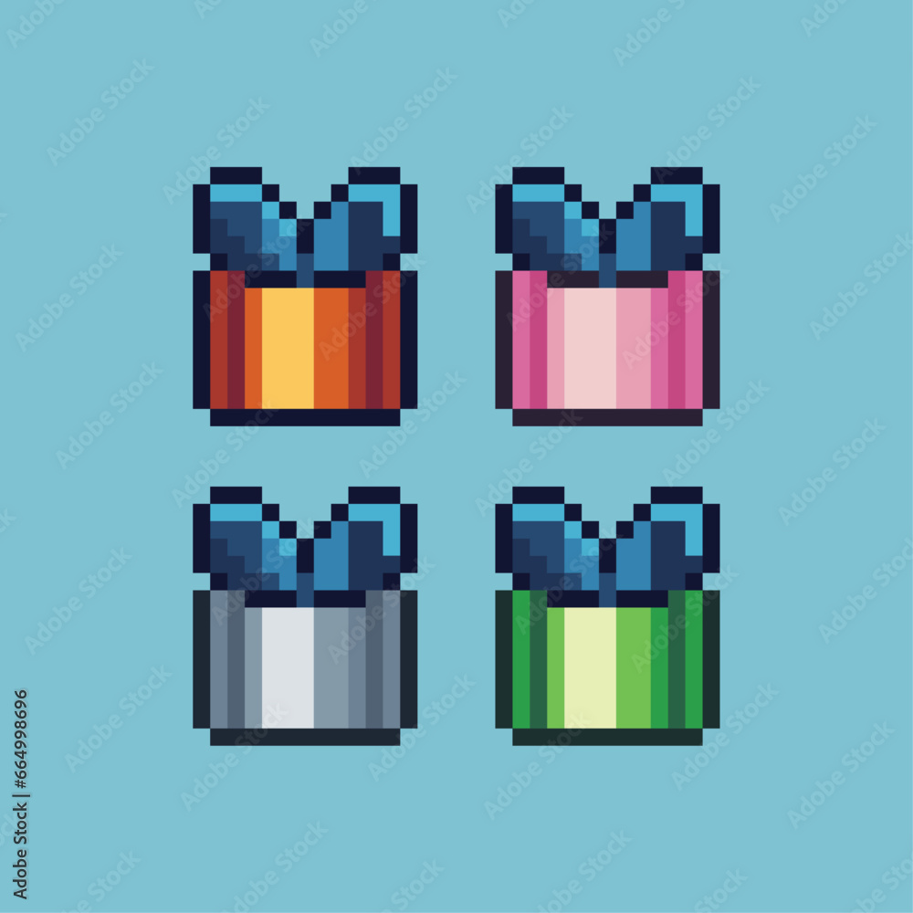 Poster pixel art sets of gold gift box with variation color item asset. simple bits of golden gift box pixe