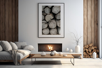 Scandinavian home interior design of modern living room. Large fireplace, cosy seating area. Minimalist. - obrazy, fototapety, plakaty