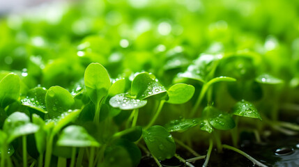 A macro shot of water droplets glistening on the leaves of freshly harvested microgreens, highlighting their freshness