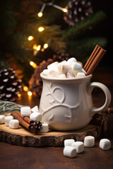 Obraz na płótnie Canvas White ceramic mug with hot chocolate and marshmallows on a rustic wooden table with pine cones and cinnamon at Christmas
