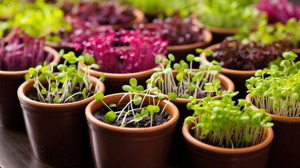 A colorful assortment of microgreens in ceramic containers, offering a visually appealing and nutritious addition to any meal