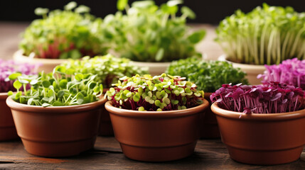 A colorful assortment of microgreens in ceramic containers, offering a visually appealing and nutritious addition to any meal