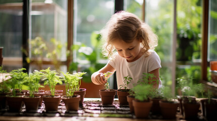 A young child excitedly helping to water and care for a mini garden of microgreens, fostering a love for nature and healthy eating - obrazy, fototapety, plakaty