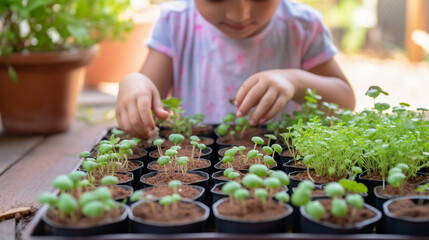 A young child excitedly helping to water and care for a mini garden of microgreens, fostering a love for nature and healthy eating