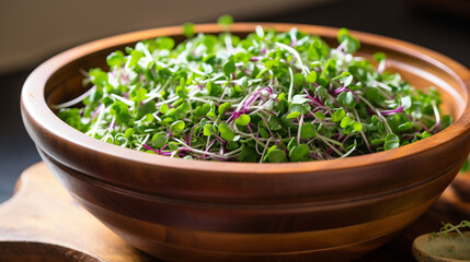 A bowl filled with fresh microgreens, ready to be tossed with a light vinaigrette and enjoyed as a refreshing salad