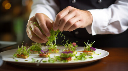Obraz na płótnie Canvas A chef's hands using tweezers to delicately place microgreens on a gourmet appetizer, ensuring a precise presentation