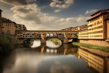 A medieval stone bridge over the Arno River in Florence, Italy, famous for its unique shops built on the sides. Generative AI - obrazy, fototapety, plakaty