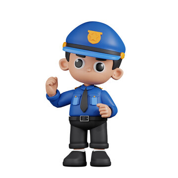 3d Character Policeman Congratulation Pose. 3d render isolated on transparent backdrop.