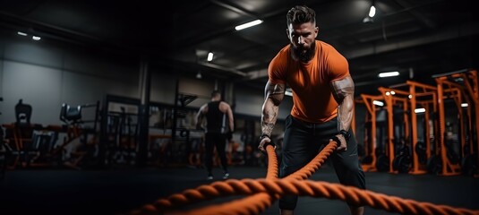 man working out with battle rope excercise - obrazy, fototapety, plakaty