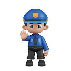 3d Character Policeman Doing The Stop Sign Pose. 3d render isolated on transparent backdrop.
