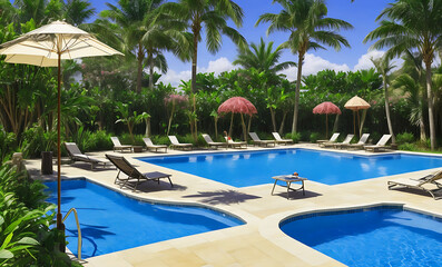 A photo sun loungers near palms and swimming pool in sunny day.