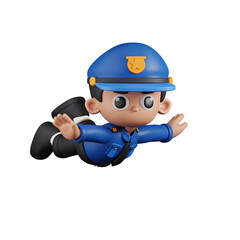 3d Character Policeman Flying Pose. 3d render isolated on transparent backdrop.