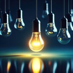 One hanging light bulb glowing different and standing out from unlit incandescent bulbs with reflection on dark cyan background , leadership and different business creative idea concept. 3D rendering.