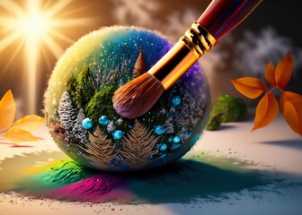 Paintbrush paints a Christmas ball in the sunlight