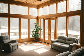 Large and open living room den sun room with windows on two sides and lots of natural light flowing in. Rear entrance back door to home. Modern living room - obrazy, fototapety, plakaty