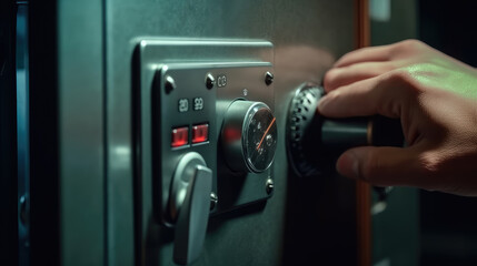 Naklejka premium Close - up of a hand placing a random code into a security safe with a digital keypad lock