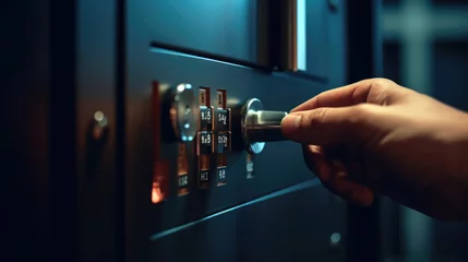 Fotobehang Close - up of a hand placing a random code into a security safe with a digital keypad lock © didiksaputra
