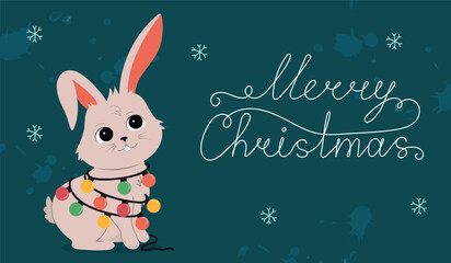 Christmas card with cartoon rabbit. Hand drawn vector illustration of bunny