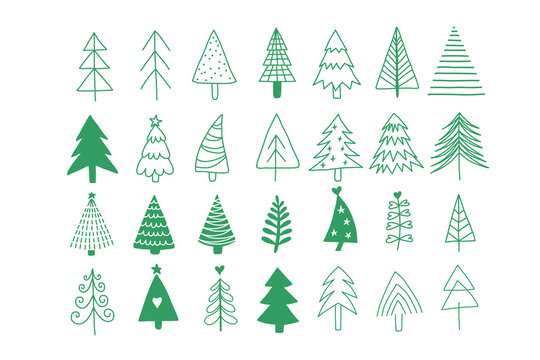 Hand drawn set of Christmas trees. Holidays modern art. Abstract doodle blue drawing woods. Vector isolated illustration
