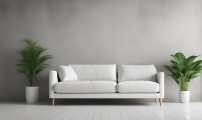 Minimalist Modern Living Room Panorama: White Sofa, Potted Houseplant, and Concrete Wall