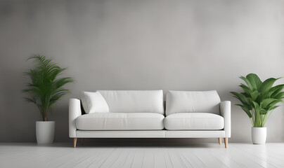 Fototapeta premium Minimalist Modern Living Room Panorama: White Sofa, Potted Houseplant, and Concrete Wall