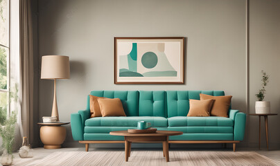 Vintage Mid-Century Modern Living Room Design: Turquoise Sofa, Wooden Coffee Table, and Wall with Framed Art