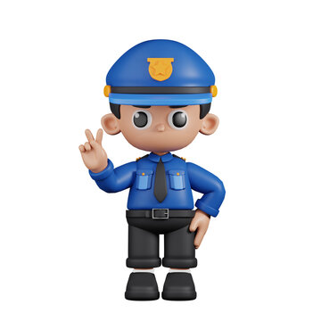 3d Character Policeman Showing Peace Sign Pose. 3d render isolated on transparent backdrop.