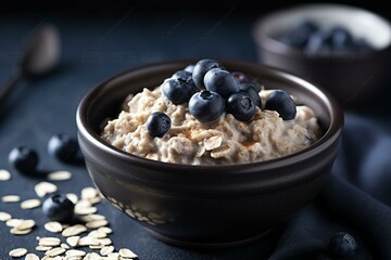Bowl of creamy oats with blueberries. Generative AI