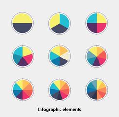 Fototapeta premium Infographic elements. Pie charts with thin line arrows. Set of flat pie charts with 2, 3, 4, 5, 6, 7, 8, 9, and 10 steps, options, parts, and processes. Vector business templates for presentation. 