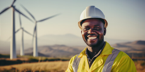 African engineer man working on a windmill farm, generative ai - obrazy, fototapety, plakaty