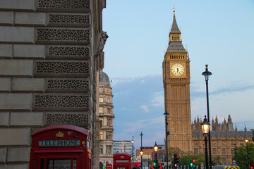 Big Ben and red telephone boxes in London, the UK