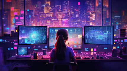 A programmer girl who is using her modern computer
