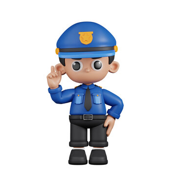 3d Character Policeman Pointing Up Pose. 3d render isolated on transparent backdrop.