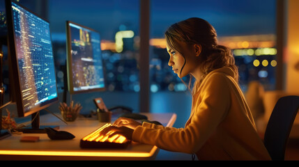 A programmer girl who is using her modern computer
