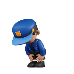 3d Character Policeman Taking A Break Pose. 3d render isolated on transparent backdrop.