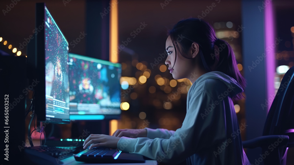 Wall mural a programmer girl who is using her modern computer