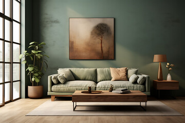 Scandinavian home interior design of modern living room. Cosy green seating area with large picture frame, perfect minimalist mock up.