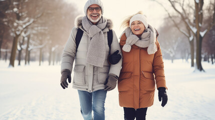 Cheerful active senior couple walking in snow in public park together having fun lifestyle. Perfect activities for elderly people. Happy mature couple walking in park
