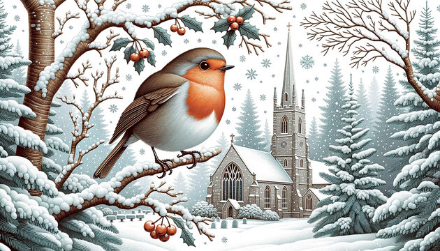 Robin Sitting on a Branch in a Snowy Scene with a Church in the Background