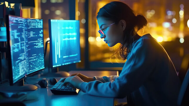 A programmer girl who is using her modern computer