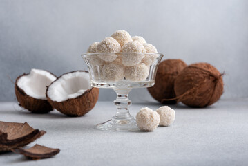 Fototapeta na wymiar Coconut balls, raw and healthy sugar free candies