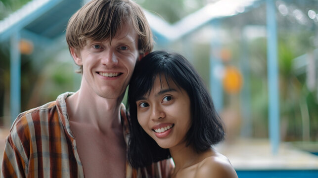 Young Asian woman and Caucasian man, possibly digital nomads, pose for a happy photo, enjoying togetherness in a pleasant outdoor setting.
