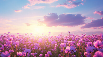 Naklejka premium Summer flower meadow wildflower field pink with morning sunlight, Idyllic spring background with blossoming lilac bushes flowers and pink wildflowers on meadow
