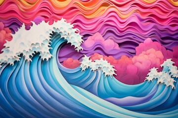 Fototapeta na wymiar Waves depicted as moving mountains, with peaks of foam crafted in the style of layered paper art. Layered paper, Colorful waves